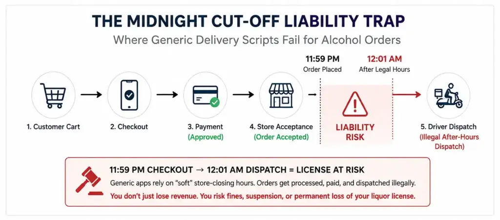 The Midnight Cut-Off Trap: Why Repurposed Food Apps Can Cost You Your Liquor License 1 Alcohol delivery app transaction flow showing midnight cut-off liability between checkout and dispatch