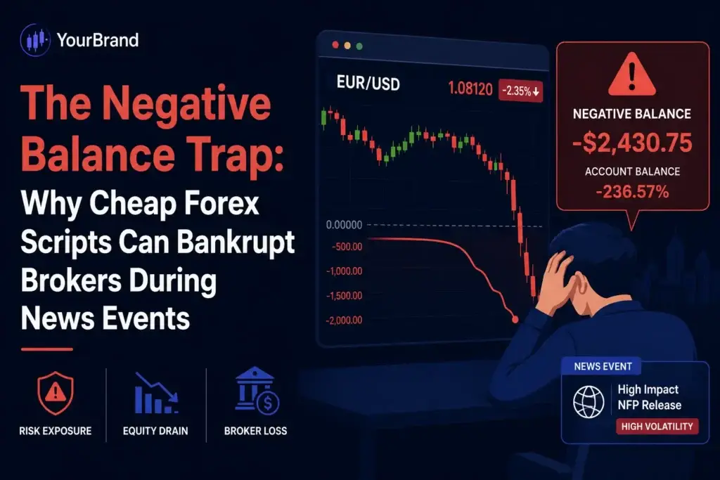Negative balance trap infographic showing a sharp EUR/USD market crash, high-impact NFP news volatility, negative client account balance, risk exposure, equity drain, and broker loss caused by weak forex trading scripts.