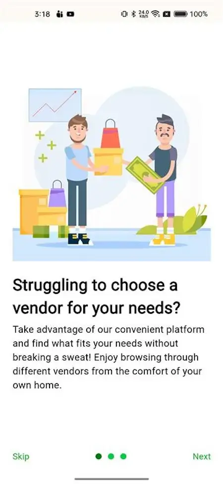 Gojek Clone 18 **Alt Text:** A cartoon illustration of two men exchanging items, with the title "Struggling to choose a vendor for your needs?" and a description of the platform's benefits.**Title:** Struggling to Choose a Vendor for Your Needs?**Caption:** Take advantage of our convenient platform and find what fits your needs without breaking a sweat. Enjoy browsing through different vendors from the comfort of your own home.**Description:** The image depicts a cartoon illustration of two men exchanging items, with the title "Struggling to choose a vendor for your needs?" and a description of the platform's benefits. The platform offers a convenient way to find what fits your needs without breaking a sweat, allowing users to browse through different vendors from the comfort of their own home. The image suggests that the platform is user-friendly and provides a wide range of options for users to choose from.