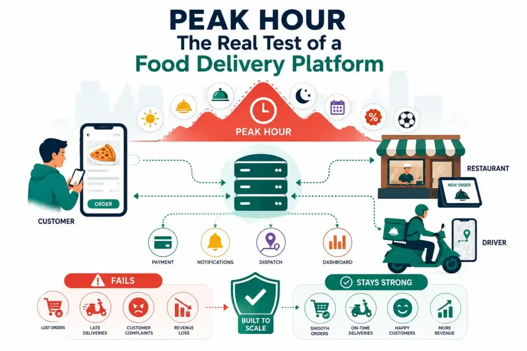 Migrating from SaaS to Owned Infrastructure: A Peak-Hour Performance Comparison 1 Peak hour food delivery platform performance showing customer orders, restaurant operations, driver dispatch, payments and scalability under high traffic
