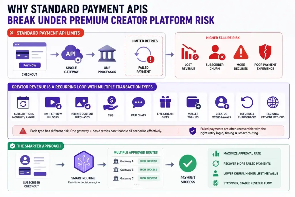 The Gateway Trap: How Smart Payment Routing Saves Creator Platforms 40% in Lost Revenue 1 Premium creator platform payment risk and smart payment routing infographic