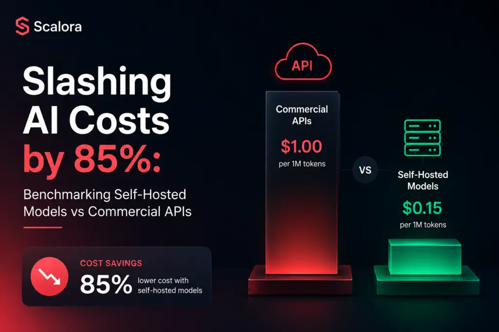 Self-hosted LLM versus commercial API cost benchmark showing an 84.9 percent modeled reduction