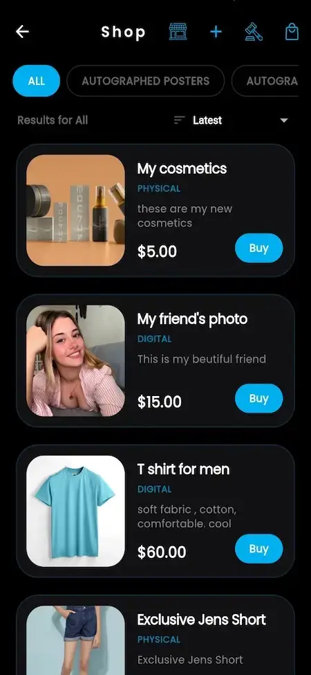 OnlyFans Clone 21 shop screen
