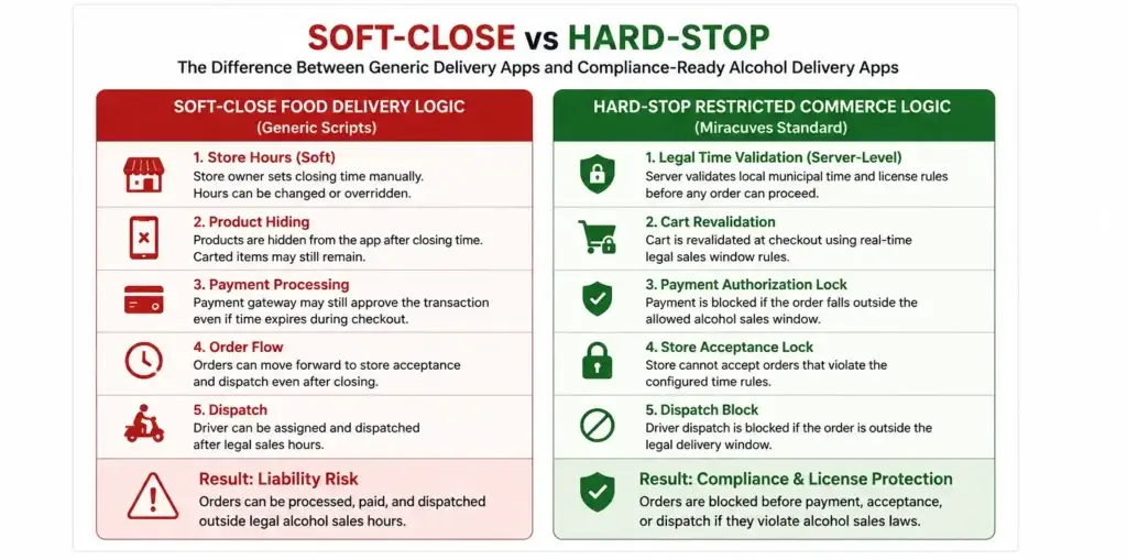 The Midnight Cut-Off Trap: Why Repurposed Food Apps Can Cost You Your Liquor License 2 Soft-close food delivery logic compared with server-level hard-stop alcohol delivery compliance controls