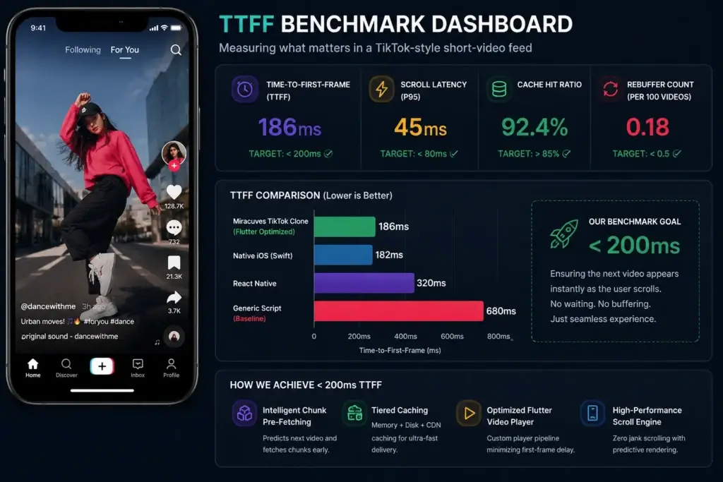 The 200ms Benchmark: Load-Testing the Scroll Engine of Our TikTok Clone 1 TikTok clone performance benchmark showing Time-to-First-Frame and scroll latency metrics