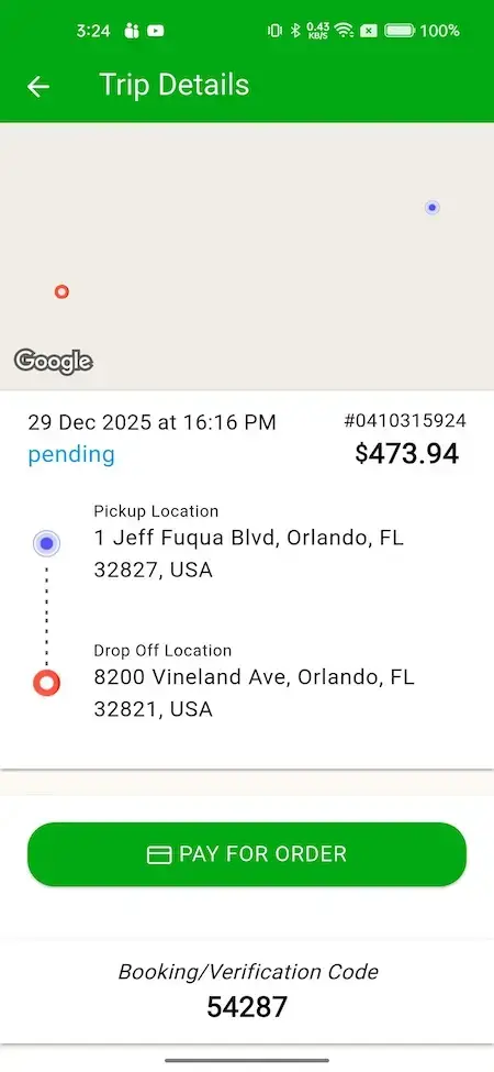 Gojek Clone 16 **Alt Text:** A screenshot of a trip details page on the Google Maps app, showing a pending trip from Orlando, Florida to Vineland Avenue.**Title:** Trip Details**Caption:** The trip is scheduled for December 29, 2025, at 4:16 PM and has a pickup location at Jeff Fuqua Blvd, Orlando, FL 32827, USA.**Description:** The image shows a screenshot of a trip details page on the Google Maps app, with a green header displaying the title "Trip Details" and a white background. The page displays information about an upcoming trip, including the date, time, pickup location, drop-off location, and booking/verification code. The pickup location is listed as Jeff Fuqua Blvd, Orlando, FL 32827, USA, while the drop-off location is Vineland Ave, Orlando, FL 32821, USA. The booking/verification code is 54287. The page also includes a "Pay for Order" button at the bottom. Overall, the image provides a clear and concise overview of the trip details, making it easy for users to plan their journey.