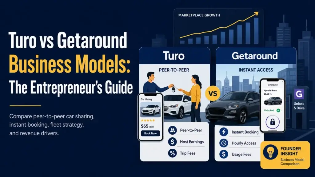 Turo vs Getaround business model comparison showing peer-to-peer car sharing, instant access, booking flow, host earnings, usage fees, and marketplace growth.