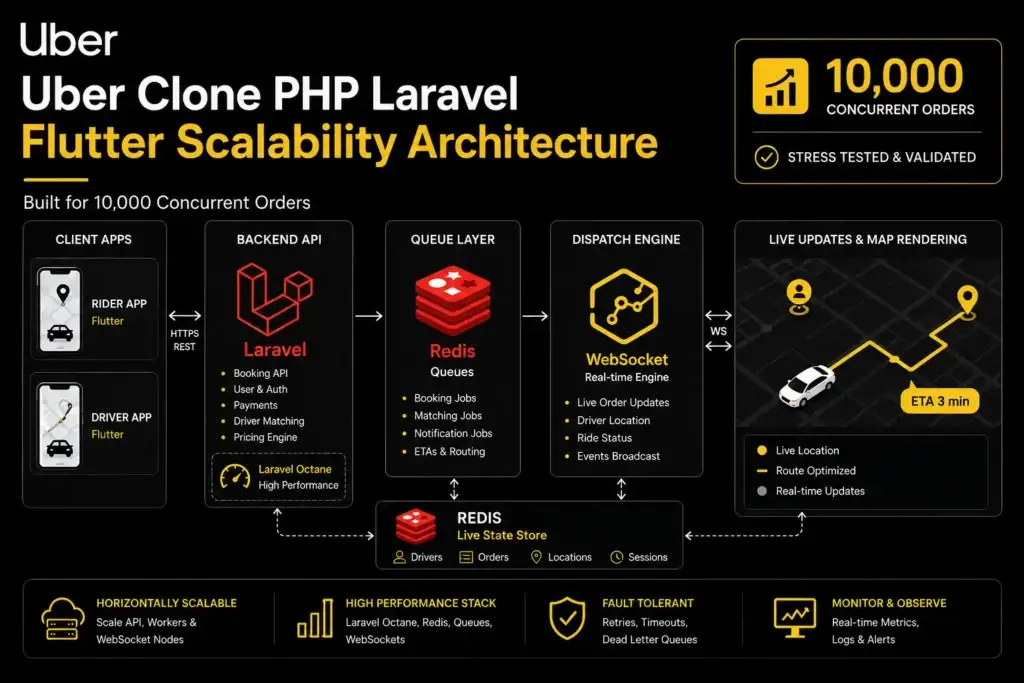 PHP Laravel and Flutter Uber clone architecture stress-tested for 10,000 concurrent orders
