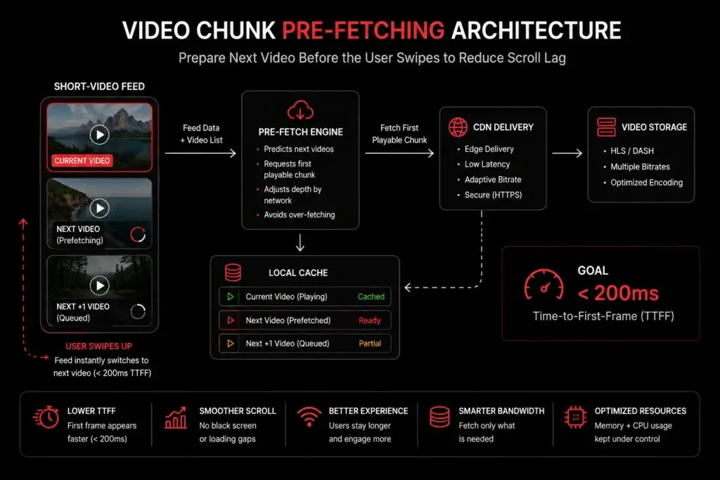 The 200ms Benchmark: Load-Testing the Scroll Engine of Our TikTok Clone 2 Infographic illustrating a TikTok clone video chunk pre-fetching architecture with CDN delivery, local caching, video storage, and sub-200ms Time-to-First-Frame optimization.