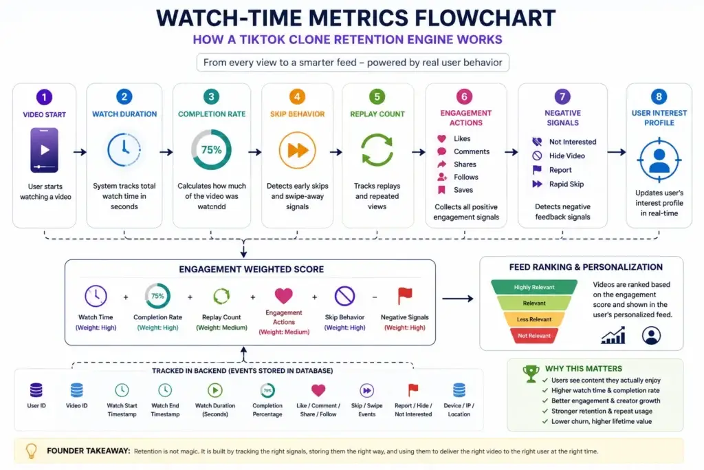 The โFake Algorithmโ Trap: What Cheap TikTok Clones Hide in Their Source Code 2 Watch-time metrics flowchart for TikTok clone retention engine