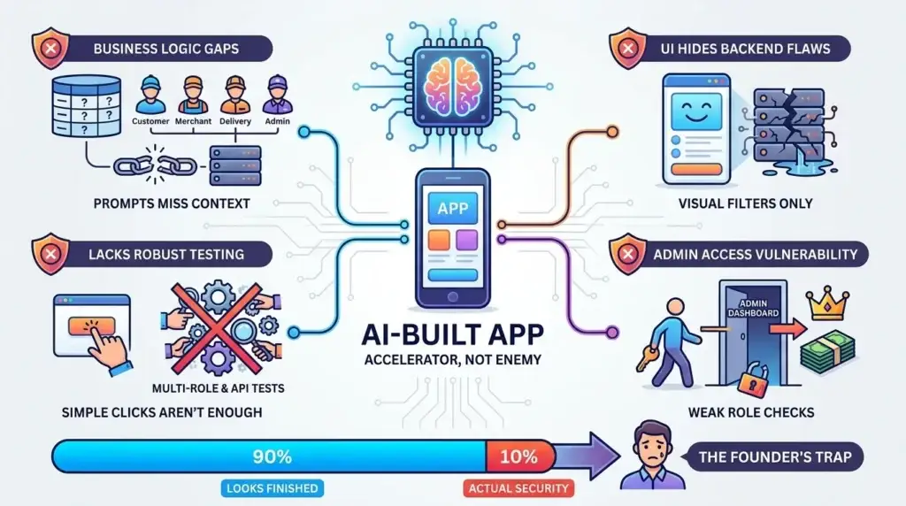 What 70%+ of AI-Built Apps Get Wrong About Security โ And Why Users Can See Each Otherโs Data 2 Infographic showing why AI-built apps are vulnerable to missing business rules and broken backend security