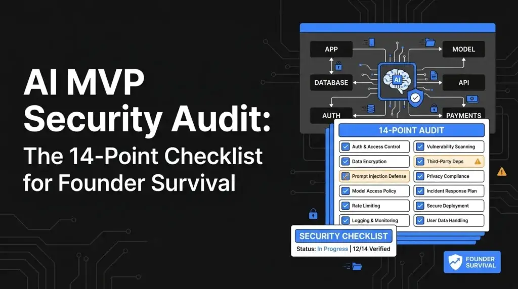 AI MVP security audit checklist showing exposed API keys, weak JWT validation, and backend security risks