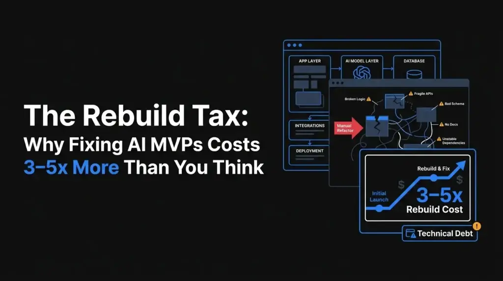 AI MVP rebuild cost featured image showing broken app architecture, app layer, AI model layer, database, integrations, deployment, fragile APIs, bad schema, broken logic, missing documentation, unstable dependencies, manual refactor, technical debt, and 3โ5x rebuild cost.