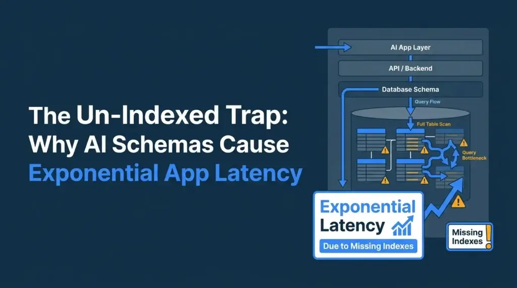 AI database schema latency featured image showing AI app layer, API backend, database schema, query flow, full table scan, missing indexes, query bottlenecks, exponential latency warning, and slow app performance caused by unindexed database tables.