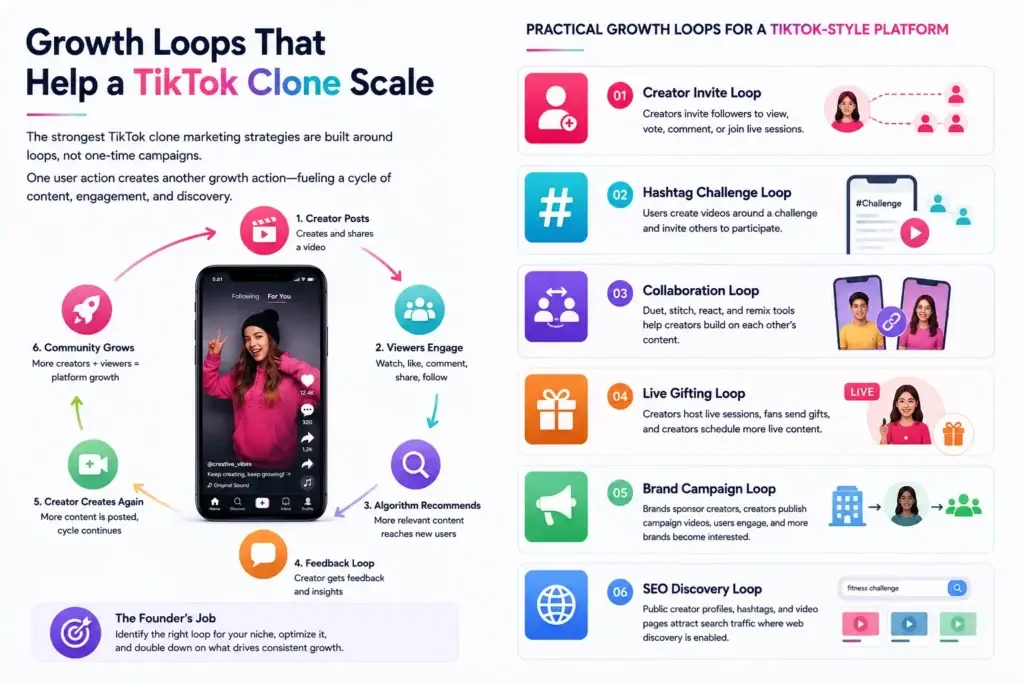 TikTok Clone Marketing Strategies for Creator Acquisition, Retention, and Growth 2 TikTok clone growth loops for creator engagement, content discovery, collaboration, live gifting, and platform growth