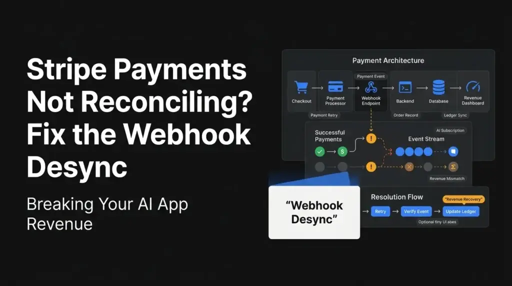 Stripe payment reconciliation featured image showing checkout, payment processor, webhook endpoint, backend, database, revenue dashboard, payment event failure, order record mismatch, webhook desync, retry flow, event verification, ledger update, and AI app revenue recovery.