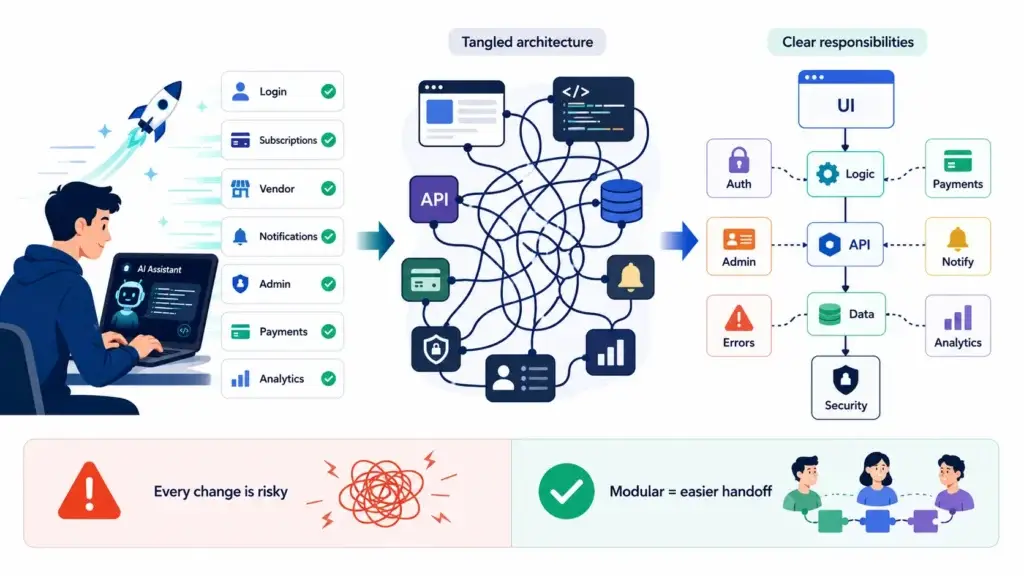 The Modularity Audit: Is Your AI Codebase Ready for Human Developers? 1 AI app architecture infographic showing a founder launching an app with login, subscriptions, vendor, notifications, admin, payments and analytics, then comparing tangled architecture with clear modular responsibility across UI, auth, logic, payments, admin, API, notifications, errors, data, analytics and security.