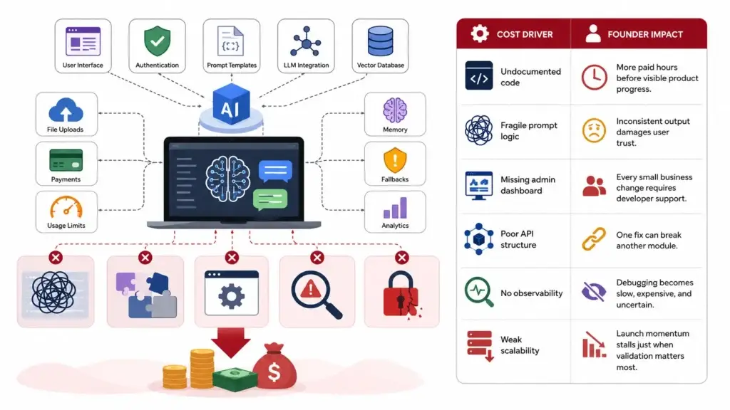 The Rebuild Tax: Why Fixing AI MVPs Costs 3โ5x More Than You Think 2 AI MVP rebuild cost infographic showing user interface, authentication, prompt templates, LLM integration, vector database, file uploads, payments, usage limits, memory, fallbacks, analytics, undocumented code, fragile prompt logic, missing admin dashboard, poor API structure, no observability, weak scalability, technical debt, and founder impact.