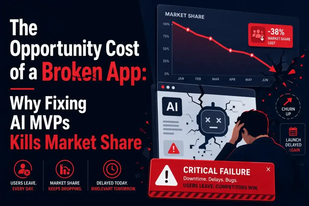 Founder calculating the opportunity cost of a broken AI MVP while competitors capture market share