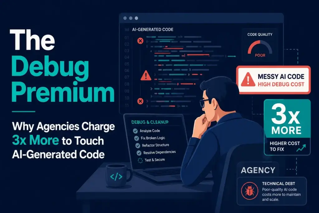 Infographic showing a developer debugging messy AI-generated code, poor code quality, technical debt, cleanup tasks, and agency costs rising up to three times.