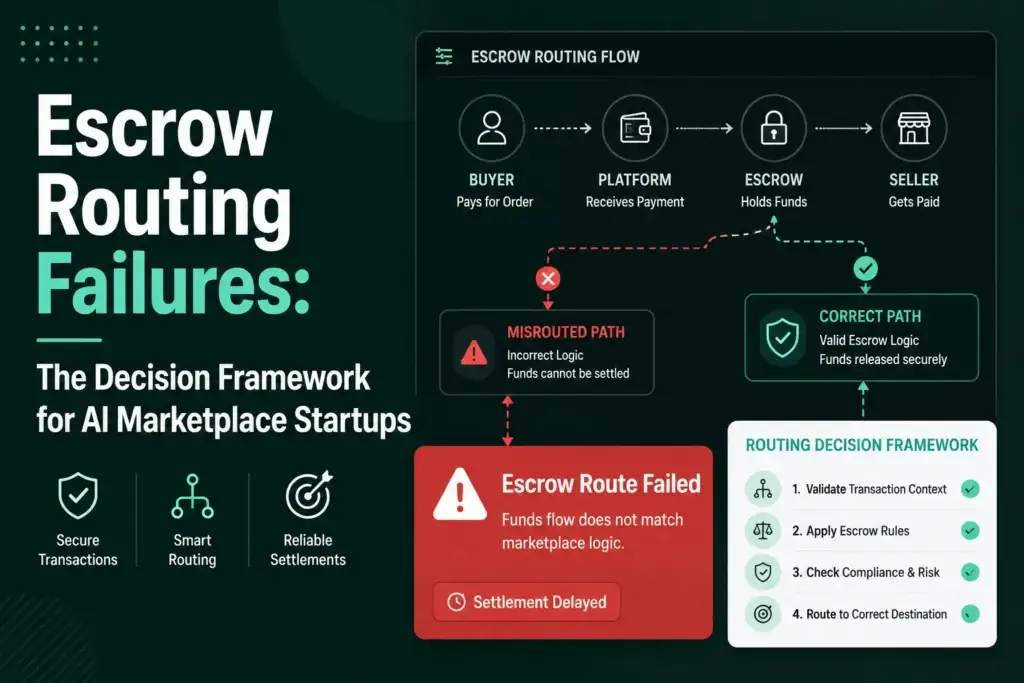 Escrow routing infographic showing buyer payment, platform processing, escrow fund holding, seller payout, failed routing logic, compliance checks, and secure settlement decisions.
