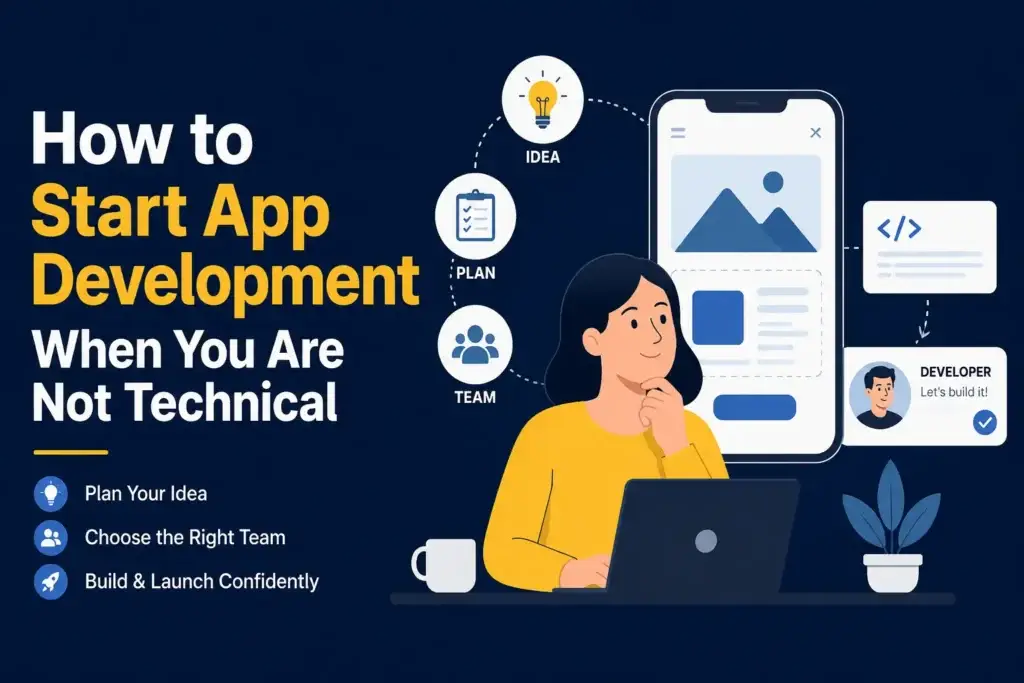 Non-technical app development featured image showing a founder planning an app idea, mobile app wireframe, development team support, coding assistance, product planning, and confident app launch steps.