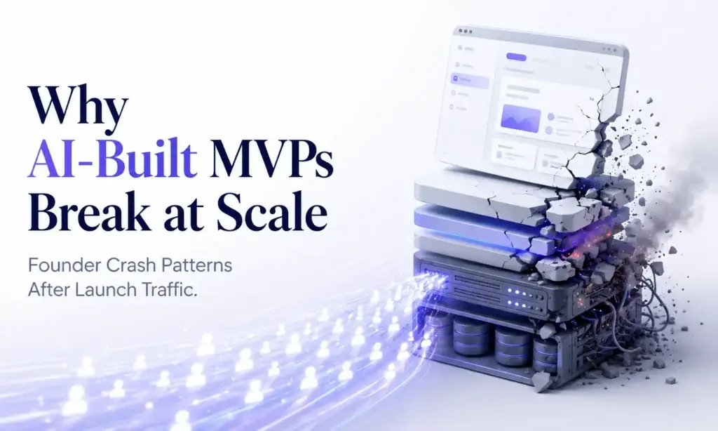 Illustration showing why AI-built MVPs break at scale when real user traffic overwhelms weak infrastructure and application architecture.