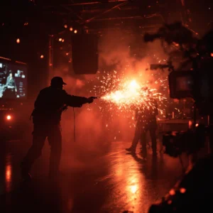 A silhouetted figure in tactical gear fires a gun, filling the dark room with vivid orange-red sparks—ideal for Promotional Video Production that highlights dramatic, action-packed cinematic moments.