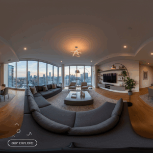 A modern living room with floor-to-ceiling windows offers a stunning city skyline and is ideal for using 360-Degree Photography. The gray sectional, indoor plant, and soft lighting create a cozy atmosphere as sunset fills the space. A modern living room with floor-to-ceiling windows offers a stunning city skyline and is ideal for using 360-Degree Photography. The gray sectional, indoor plant, and soft lighting create a cozy atmosphere as sunset fills the space.