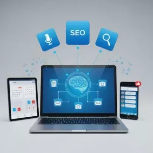 A laptop with digital icons connects to floating blocks labeled SEO, microphone, and magnifying glass, showcasing AI-Powered Content Generation. Nearby, a tablet shows a calendar and a smartphone displays chat messages on a light gray background.