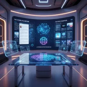 A futuristic control room with transparent screens showcases AI-Powered Content Generation, displaying digital brain graphics, dynamic charts, and news updates, all illuminated by blue and purple neon lights that highlight advanced AI technology at work. A futuristic control room with transparent screens showcases AI-Powered Content Generation, displaying digital brain graphics, dynamic charts, and news updates, all illuminated by blue and purple neon lights that highlight advanced AI technology at work.