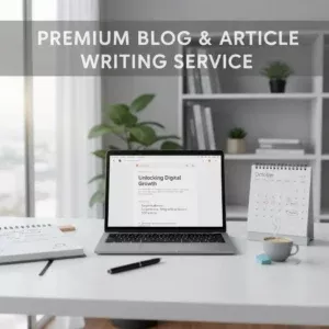 A modern workspace features a laptop with a “Blog & Article Writing” service article, an October desktop calendar, notebooks, pen, coffee cup, bookshelf, and potted plant. Text: “PREMIUM BLOG & ARTICLE WRITING SERVICE. A modern workspace features a laptop with a "Blog & Article Writing" service article, an October desktop calendar, notebooks, pen, coffee cup, bookshelf, and potted plant. Text: "PREMIUM BLOG & ARTICLE WRITING SERVICE.