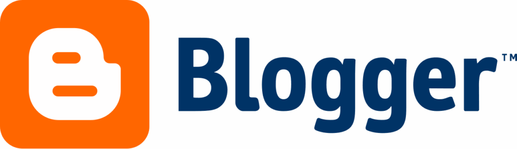 Blogger logo featuring a rounded orange square with a white stylized lowercase "b" on the left, next to bold dark blue text that reads "Blogger" on a light grey background.