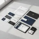 The Business Card & Stationery Design set displays elegant letterheads, business cards, envelopes, and devices on a white surfaceโall unified by a gold eagle logo and a refined navy, white, and gold color palette.