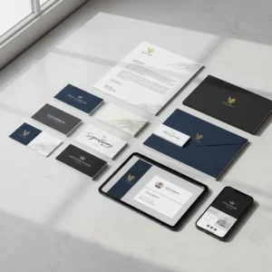 The Business Card & Stationery Design set displays elegant letterheads, business cards, envelopes, and devices on a white surface—all unified by a gold eagle logo and a refined navy, white, and gold color palette. The Business Card & Stationery Design set displays elegant letterheads, business cards, envelopes, and devices on a white surface—all unified by a gold eagle logo and a refined navy, white, and gold color palette.