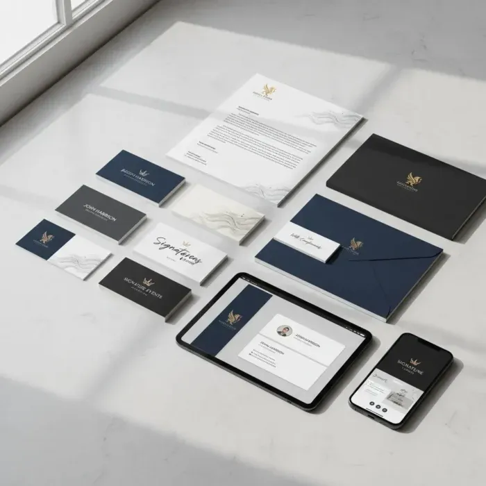 The Business Card & Stationery Design set displays elegant letterheads, business cards, envelopes, and devices on a white surfaceโall unified by a gold eagle logo and a refined navy, white, and gold color palette. The Business Card & Stationery Design set displays elegant letterheads, business cards, envelopes, and devices on a white surfaceโall unified by a gold eagle logo and a refined navy, white, and gold color palette.