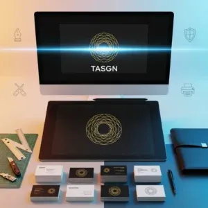 A modern workspace displays the Business Card & Stationery Design product, featuring a gold geometric "TASGN" logo on computer and tablet screens, with cards, notebook, pen, ruler, cutting tool, green grid mat, and light icons in the background.