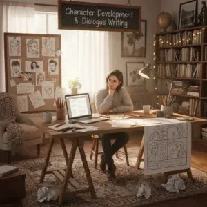 In a cozy, book-filled room, a person uses Character Development & Dialogue Writing amid laptops, comics, sketches, and notes. Warm lights and sunlight enhance the creative space as ideas for characters and dialogue come to life. In a cozy, book-filled room, a person uses Character Development & Dialogue Writing amid laptops, comics, sketches, and notes. Warm lights and sunlight enhance the creative space as ideas for characters and dialogue come to life.