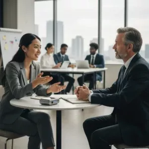 Two professionals in business attire at a round table demonstrate skills from Communication Skills Training. The woman gestures while speaking as the man listens, while colleagues collaborate by tall windows overlooking the city. Two professionals in business attire at a round table demonstrate skills from Communication Skills Training. The woman gestures while speaking as the man listens, while colleagues collaborate by tall windows overlooking the city.