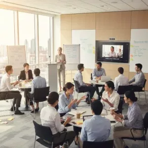 During Communication Skills Training, groups discuss at round tables in a modern office. A facilitator stands by whiteboards and a podium, while a large screen displays a video call. Laptops, sticky notes, and coffee cups are on the tables.