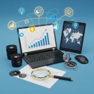 A laptop with a rising bar graph, a tablet showing a world map, camera lenses, gears, documents, and digital icons represent finance and analyticsโideal for illustrating โComprehensive Campaign Strategy Developmentโ on a blue background.