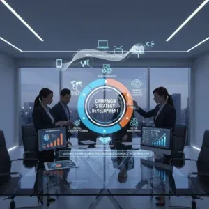 Four business professionals in suits meet around a conference table with digital screens. A large virtual interface labeled “Comprehensive Campaign Strategy Development” highlights advanced campaign planning in a modern office with city views. Four business professionals in suits meet around a conference table with digital screens. A large virtual interface labeled "Comprehensive Campaign Strategy Development" highlights advanced campaign planning in a modern office with city views.