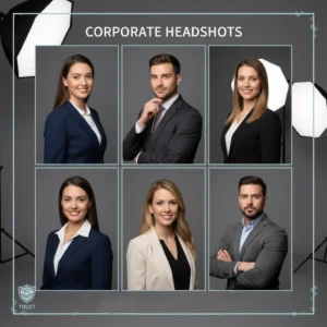 A collage titled “Corporate Headshots” displays six business professionals—three women and three men—in formal attire against a grey studio backdrop, with a subtle “Trust” logo in the corner.