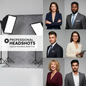 A collage shows six professionally dressed individuals in portrait headshots with a gray photo studio setup. Text: "Corporate Headshots. Capture Your Brand. Build Trust.