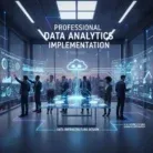 A diverse team engages with large digital screens showing analytics in a modern office with city views. Onscreen text: "Data Analytics Implementation" highlights "Data Infrastructure Design" and "Data Analytics Solutions.