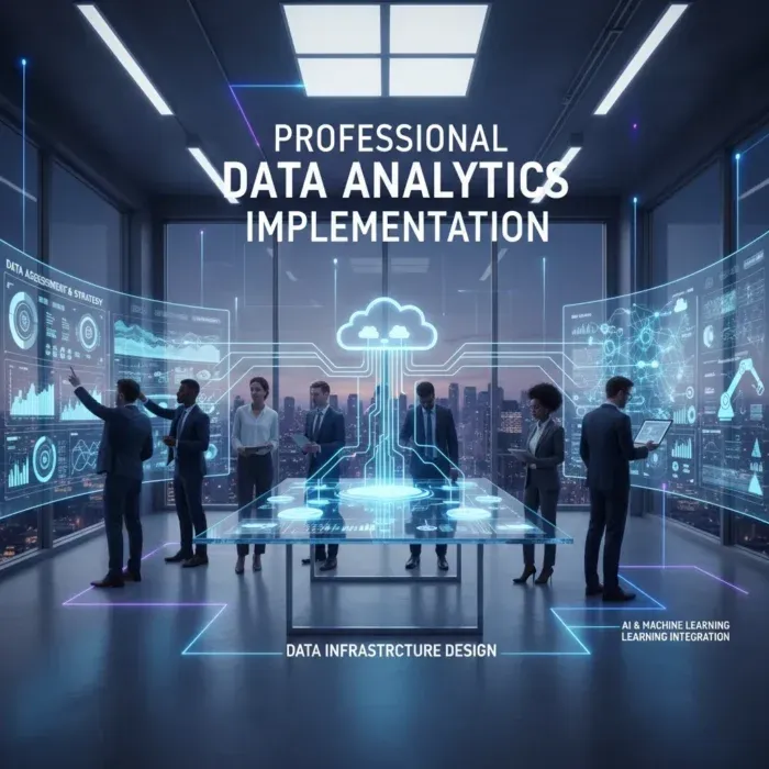 A diverse team engages with large digital screens showing analytics in a modern office with city views. Onscreen text: "Data Analytics Implementation" highlights "Data Infrastructure Design" and "Data Analytics Solutions. A diverse team engages with large digital screens showing analytics in a modern office with city views. Onscreen text: "Data Analytics Implementation" highlights "Data Infrastructure Design" and "Data Analytics Solutions.