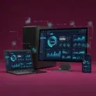 Data Analytics Implementation synchronizes dashboards with charts and graphs across desktop, laptop, monitor, and smartphone screens on a dark red background with analytics and cloud icons.