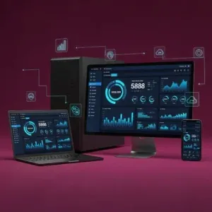 Data Analytics Implementation synchronizes dashboards with charts and graphs across desktop, laptop, monitor, and smartphone screens on a dark red background with analytics and cloud icons.
