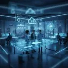 In a modern office overlooking the city at night, professionals gather around a glowing table displaying the Data Analytics Implementation product, with large holographic screens highlighting its AI, cloud computing, and advanced analytics features.