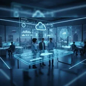 In a modern office overlooking the city at night, professionals gather around a glowing table displaying the Data Analytics Implementation product, with large holographic screens highlighting its AI, cloud computing, and advanced analytics features. In a modern office overlooking the city at night, professionals gather around a glowing table displaying the Data Analytics Implementation product, with large holographic screens highlighting its AI, cloud computing, and advanced analytics features.